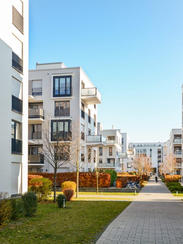 Modern apartment buildings in a green residential area in the ci